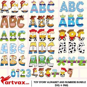 May include: A digital collection of alphabet letters and numbers featuring various character-themed patterns, including cow print, blue sky clouds, and space ranger motifs. The text at the bottom reads artvax.com TOY STORY ALPHABET AND NUMBERS BUNDLE SVG + PNG.