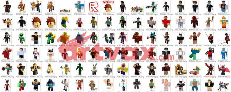 Op de afbeelding: Een verzameling van verschillende Roblox-karakteravatars, elk met unieke outfits en accessoires. De afbeeldingen tonen een diversiteit aan stijlen, waaronder superhelden, ninja's en vrijetijdskleding. Het Roblox-logo is ook zichtbaar.