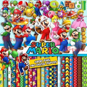 May include: A vibrant digital art collection showcasing characters from the Super Mario video game series. The image includes various characters, the Super Mario logo, and the text "+200 PNG +50 DIGITAL PAPERS".