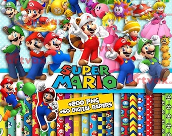 Könnte beinhalten: Eine farbenfrohe digitale Kunstsammlung mit Charakteren aus der Super Mario-Videospielserie. Das Bild enthält verschiedene Charaktere, das Super Mario-Logo und den Text "+200 PNG +50 DIGITAL PAPERS".