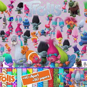 Trolls Clipart Mega Bundle | 40+ PNG Characters + 80 Digital Papers | Birthday Party, Scrapbooking, Sublimation Designs