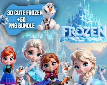 Frozen 3D Cute PNG Bundle | Elsa Anna Olaf Clipart | Princess Digital Download | Frozen Characters Printable | Kids Party Sublimation