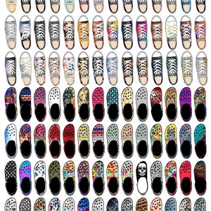 May include: A collection of colorful sneakers and clogs with various patterns and designs. The shoes are arranged in rows, showcasing a wide variety of styles.