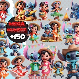 ilo and Stitch PNG Bundle | 150+ Cute Cartoon Clipart Mega Pack | Disney Characters Digital Download for Sublimation & Crafts