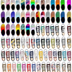 May include: A collection of 100 colorful shoes, including clogs and sneakers, with various patterns and designs. The shoes are arranged in rows, with each row featuring a different color scheme.