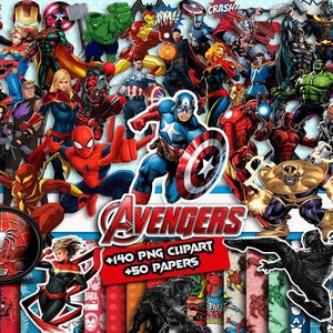 May include: A vibrant collage of various Avengers characters, including Captain America, Spider-Man, and Iron Man. The image features a variety of comic book art styles and the word "Avengers" in bold letters. The image also includes the text "+140 PNG CLIPART +50 PAPERS".