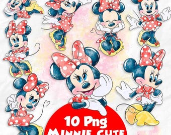 Minnie Watercolor Clipart Bundle | Cute Minnie Red Bow PNG Pack for Scrapbooking, Stickers, Party Decor & Crafts