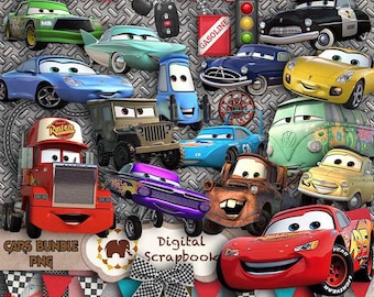 Paquete de imágenes prediseñadas de Cars / Imágenes PNG de Rayo McQueen / Álbum de recortes digital de Cars de Disney, decoración para fiestas y sublimación
