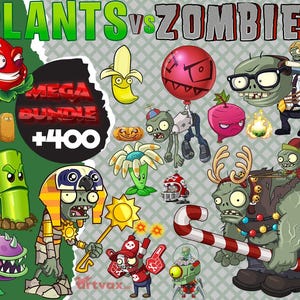 May include: A colourful illustration featuring characters from Plants vs. Zombies. The image includes various plants and zombies, such as a red strawberry, a banana, and a zombie with a balloon head. The text "MEGA BUNDLE +400" is also visible.