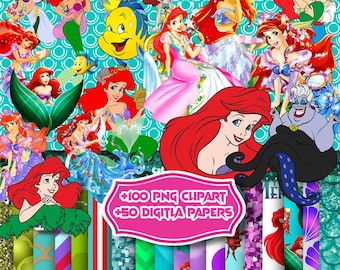 Little Mermaid Ariel Clipart Bundle | Disney Princess PNG | Ariel, Flounder, Ursula, Ocean Digital Papers