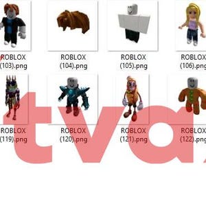 Op de afbeelding: Een verzameling Roblox-karakteravatars in verschillende poses en outfits. De avatars zijn in verschillende kleuren en stijlen, waaronder superhelden, fantasiefiguren en alledaagse personages. De afbeelding bevat de tekst "artvax.com".