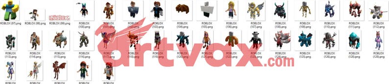 Op de afbeelding: Een verzameling Roblox-karakteravatars in verschillende poses en outfits. De avatars zijn in verschillende kleuren en stijlen, waaronder superhelden, fantasiefiguren en alledaagse personages. De afbeelding bevat de tekst "artvax.com".