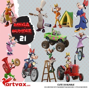 May include: A collection of 3D cartoon cow characters in various poses and outfits. The image includes a monster truck, a motorcycle, a tractor, and a tent. Text on the image reads "MEGA BUNDLE 21" and "CUTE 3D BUNDLE". The website "artvax.com" is also visible.