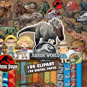 May include: A collection of Jurassic Park and Jurassic World themed clipart and digital paper. The image features various dinosaurs, logos, and cartoon characters from the franchise, with the text "100 Clipart 100 Digital Paper".