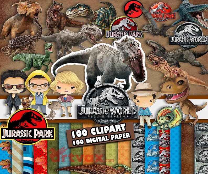 May include: A collection of Jurassic Park and Jurassic World themed clipart and digital paper. The image features various dinosaurs, logos, and cartoon characters from the franchise, with the text "100 Clipart 100 Digital Paper".