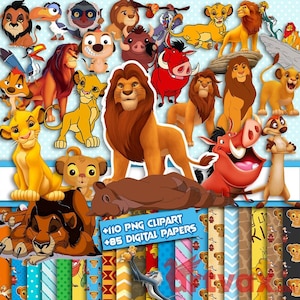 Può includere: Una collezione di personaggi dei cartoni animati de Il Re Leone, tra cui Simba, Mufasa, Timon, Pumbaa e Scar. L'immagine include anche varie carte digitali decorate. Il testo sull'immagine recita "+110 PNG CLIPART +85 DIGITAL PAPERS."