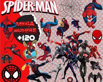 May include: A collage of Spider-Man illustrations. The image includes multiple depictions of Spider-Man in dynamic poses, alongside the text "SPIDER-MAN MEGA BUNDLE +120". The colour scheme is dominated by red, blue, black, and white.