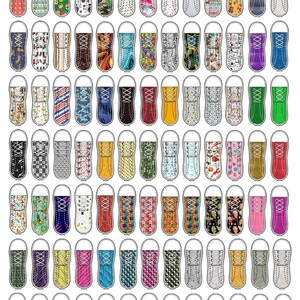 May include: A set of 100 colorful shoe laces with various patterns, including stripes, polka dots, and abstract designs. The laces are all white with black stitching and come with two black rubber soles.
