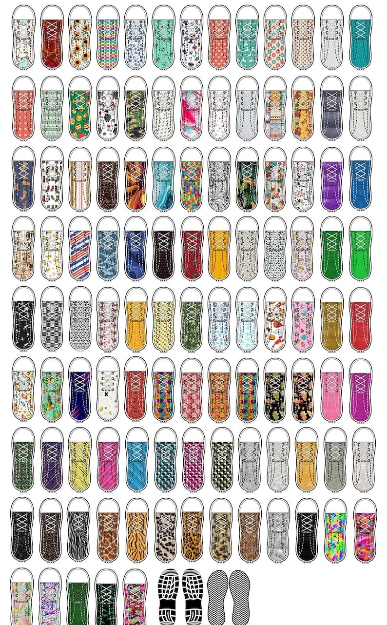 May include: A set of 100 colorful shoe laces with various patterns, including stripes, polka dots, and abstract designs. The laces are all white with black stitching and come with two black rubber soles.