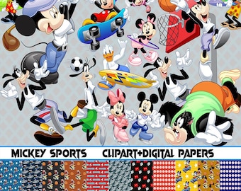 May include: A collection of Disney character clipart featuring Mickey Mouse, Minnie Mouse, Goofy, Donald Duck, and Pete engaging in various sports. The image includes a basketball, soccer ball, skateboard, and golf club. The text "Mickey Sports Clipart + Digital Papers" is at the bottom.
