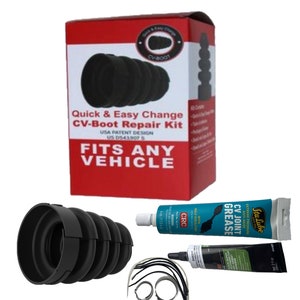 May include: A CV-Boot repair kit with a red box, black boot, black clamps, a tube of grease, and a tube of lubricant. The box says "Quick & Easy Change CV-Boot Repair Kit" and "Fits Any Vehicle".