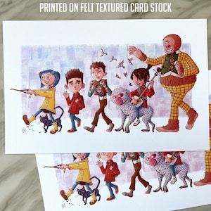 May include: A colourful illustration of characters from the film "Coraline" walking in a line. The characters include Coraline, Wybie, Other Mother, and the cat. The illustration is printed on felt textured card stock. "Special Edition" and "Printed on Felt Textured Card Stock" are printed at the top of the image.