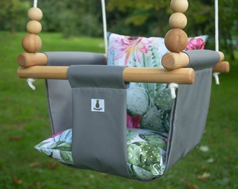 Cactus Baby Swing - Gray Outdoor Swing with Beads, Summer Baby Gift
