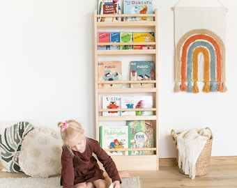 Slim Montessori kids bookshelf made of solid wood, Narrow wall shelf, Bücherregal, book storage