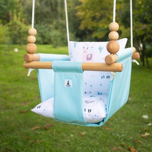 WATERPROOF Blue - White Lamas Outdoor & Indoor Garden Fabric Baby Swing Schaukel Balançoire with with playing beads | CE | Easter Baby Gift