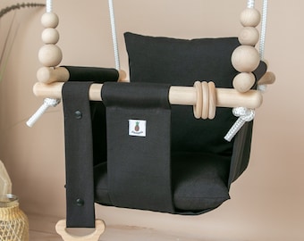 Black Indoor Baby Swing, Montessori Toddler Swing, EU Handmade Baby Shower Gift