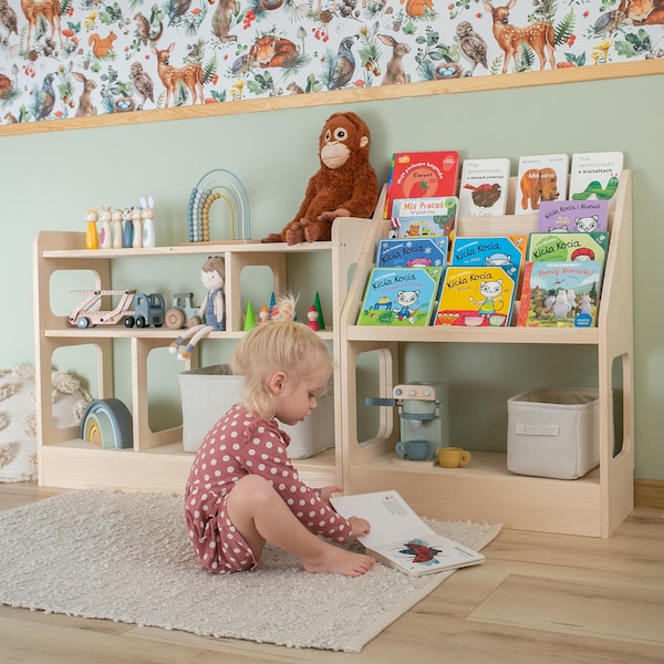 Estantería y estantería de madera Montessori para juguetes: muebles de almacenamiento hechos a mano para niños pequeños y niños: un complemento perfecto para una sala de juegos o una guardería.
