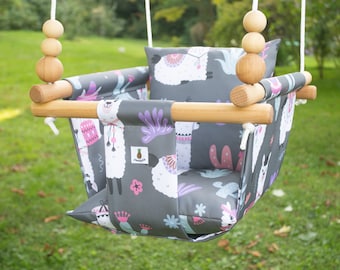 Llama Print Baby Swing | Handmade Outdoor Garden Swing | CE Summer Baby Gift