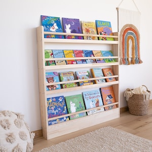 Montessori bookshelf, Big wall shelf, Bücherregal, Slim shelf for kids, book storage, Kids room furniture, Natural pine wood shelf