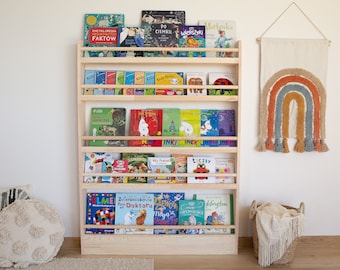 XXL Montessori bookshelf, Big wall bookcase, Bücherregal, Nursery bookshelf, Slim book storage, Toddler shelves, Natural pine wood shelf