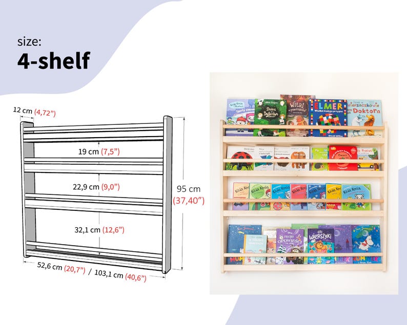 Kids Montessori bookshelf, wall wooden bookcase, Bücherregal, Nursery bookshelf, toddler book storage, kids room shelves, display cabinet 5. 4-Shelves