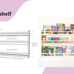 May include: A light-colored wooden 3-shelf wall-mounted bookcase. A technical diagram shows dimensions of 4.72 inches deep, 9.0 inches and 12.6 inches between shelves, 29.2 inches high, and 20.7 inches or 40.6 inches wide. Books are displayed on the shelves.