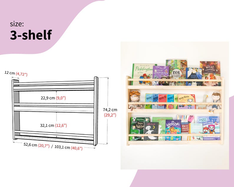 May include: A light-colored wooden 3-shelf wall-mounted bookcase. A technical diagram shows dimensions of 4.72 inches deep, 9.0 inches and 12.6 inches between shelves, 29.2 inches high, and 20.7 inches or 40.6 inches wide. Books are displayed on the shelves.