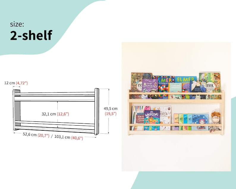 Kids Montessori bookshelf, wall wooden bookcase, Bücherregal, Nursery bookshelf, toddler book storage, kids room shelves, display cabinet 2. 2-Shelves
