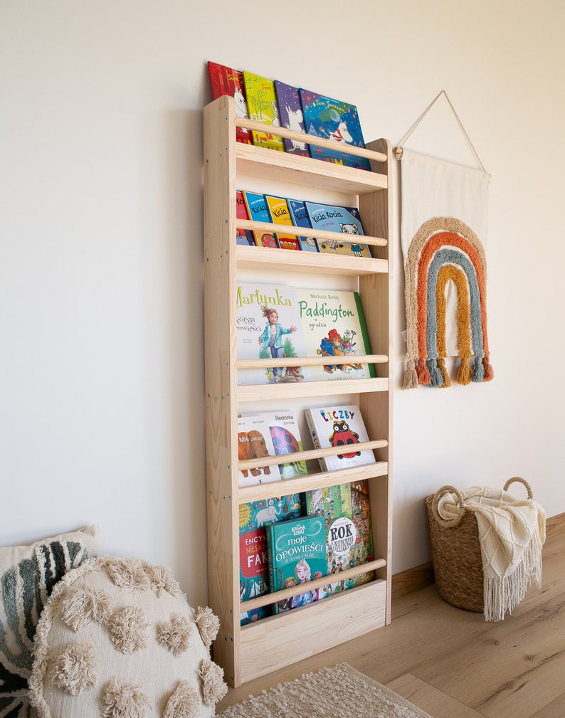 Slim Montessori bookshelf, Narrow wall shelf, Bücherregal, wooden shelf for kids, book storage, Kids room furniture, Natural pine wood shelf image 3