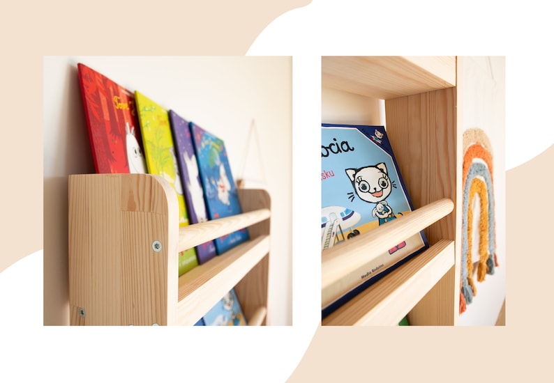 Slim Montessori bookshelf, Narrow wall shelf, Bücherregal, wooden shelf for kids, book storage, Kids room furniture, Natural pine wood shelf image 4