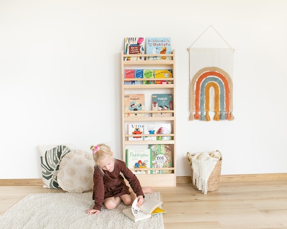 Schlankes Montessori Kinder Bücherregal aus Massivholz, Schmales Wandregal, Bücherregal, Bücherregal