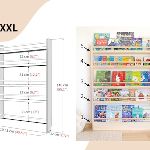 Wall-Mounted Wooden Bookshelf for Kids made of solid wood. Montessori-Inspired Front-Facing Book Display XXL