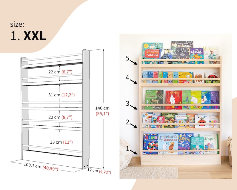 Wall-Mounted Wooden Bookshelf for Kids made of solid wood. Montessori-Inspired Front-Facing Book Display XXL