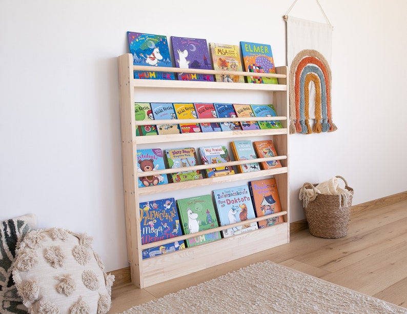 Montessori bookshelf, Big wall shelf, Bücherregal, Slim shelf for kids, book storage, Kids room furniture, Natural pine wood shelf