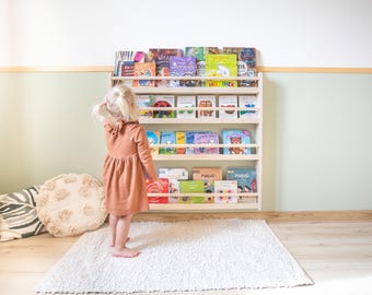 Wall Montessori kids bookshelf, wooden hanging bookcase, Bücherregal, Nursery bookshelf, toddler book storage, kids shelves, display cabinet
