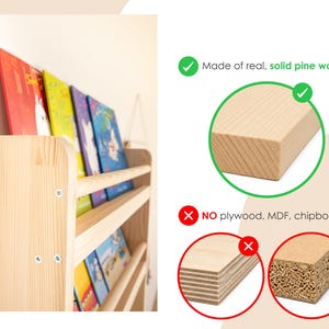 Wall-Mounted Wooden Bookshelf for Kids made of solid wood. Montessori-Inspired Front-Facing Book Display image 3