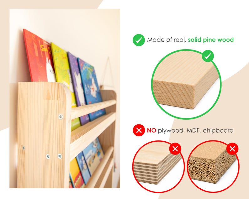 Wall-Mounted Wooden Bookshelf for Kids made of solid wood. Montessori-Inspired Front-Facing Book Display image 3