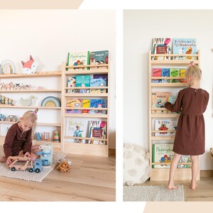Wall-Mounted Wooden Bookshelf for Kids made of solid wood. Montessori-Inspired Front-Facing Book Display image 2