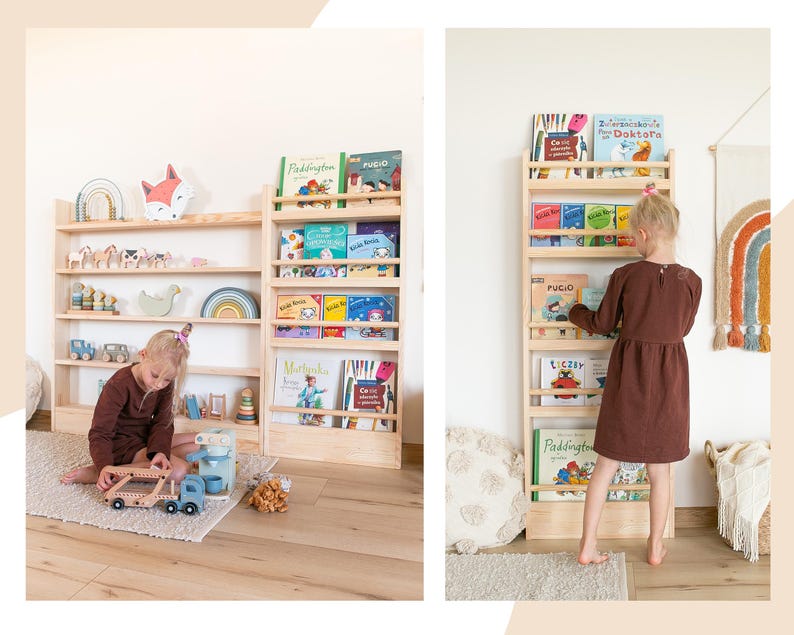 Wall-Mounted Wooden Bookshelf for Kids made of solid wood. Montessori-Inspired Front-Facing Book Display image 2