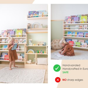 Flytande bokhylla för barn, Liten hängande Montessoribokhylla, Barnrumshyllor, Bokförvaring för småbarn, Väggbokhylla för barn, Bokhylla bild 5